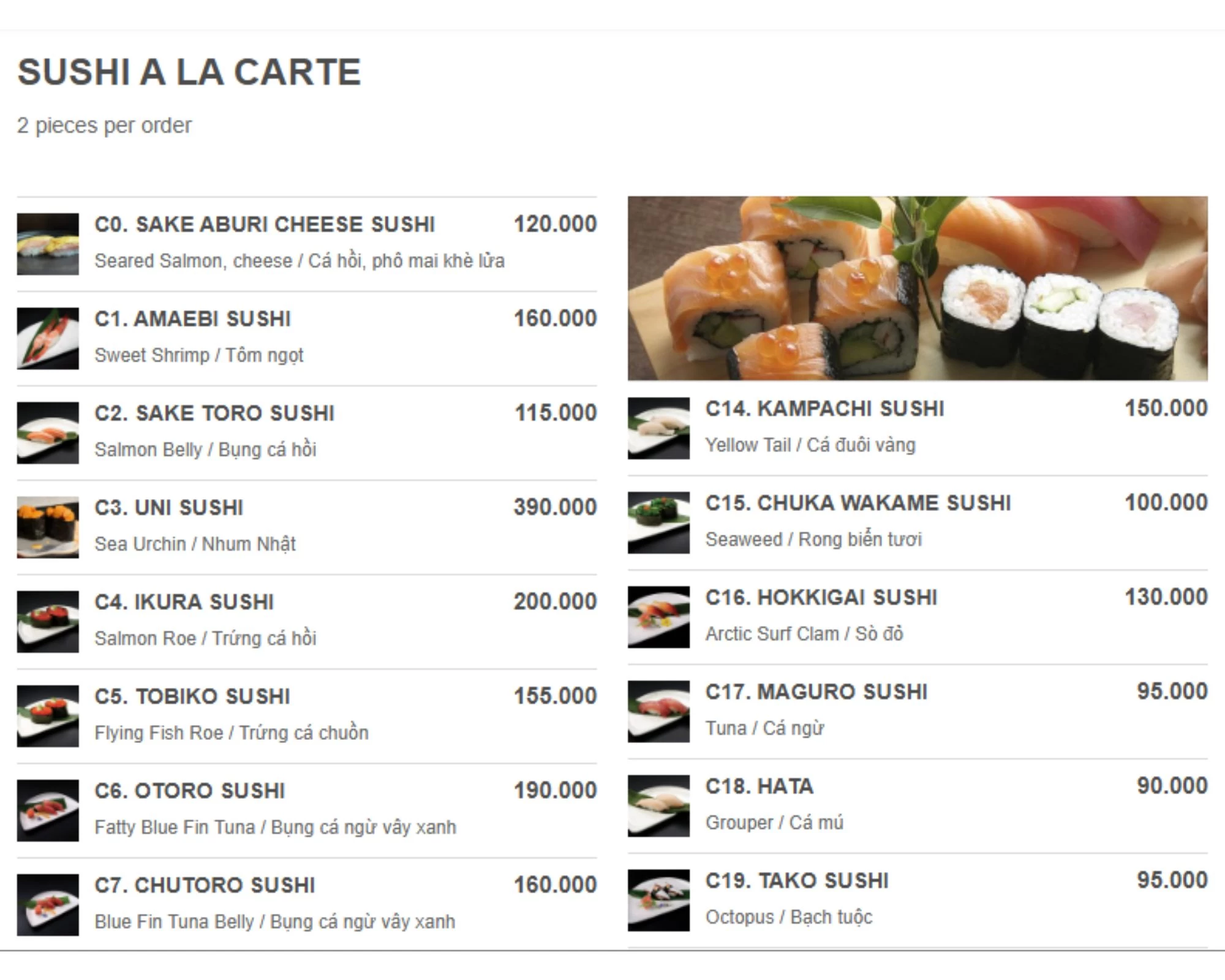 Khám phá thực đơn Sushi A La Carte đa dạng tại Tama River