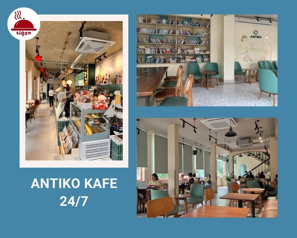 Quán Antiko Kafe 24/7 được trang trí với tông màu kem và xanh mint làm chủ đạo