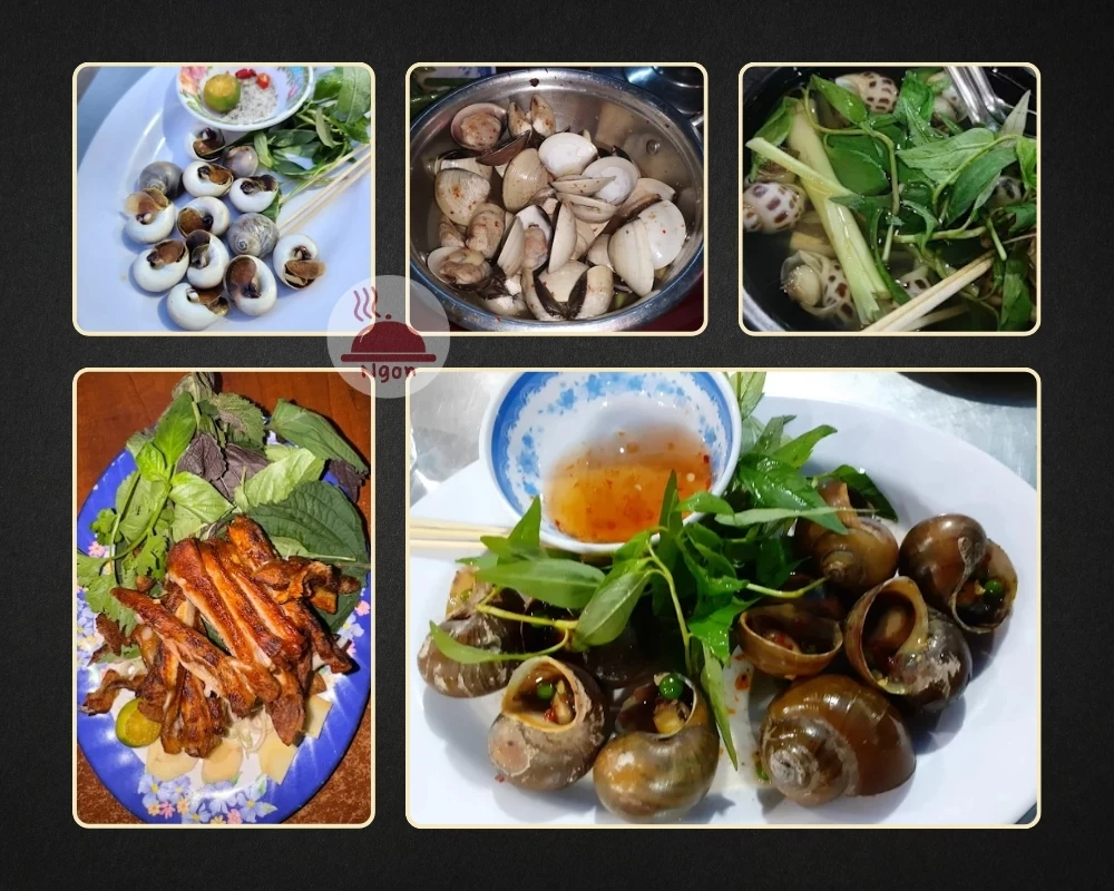 Một số món ăn tại quán ốc đêm Sài Gòn Ốc Năm Nghêu