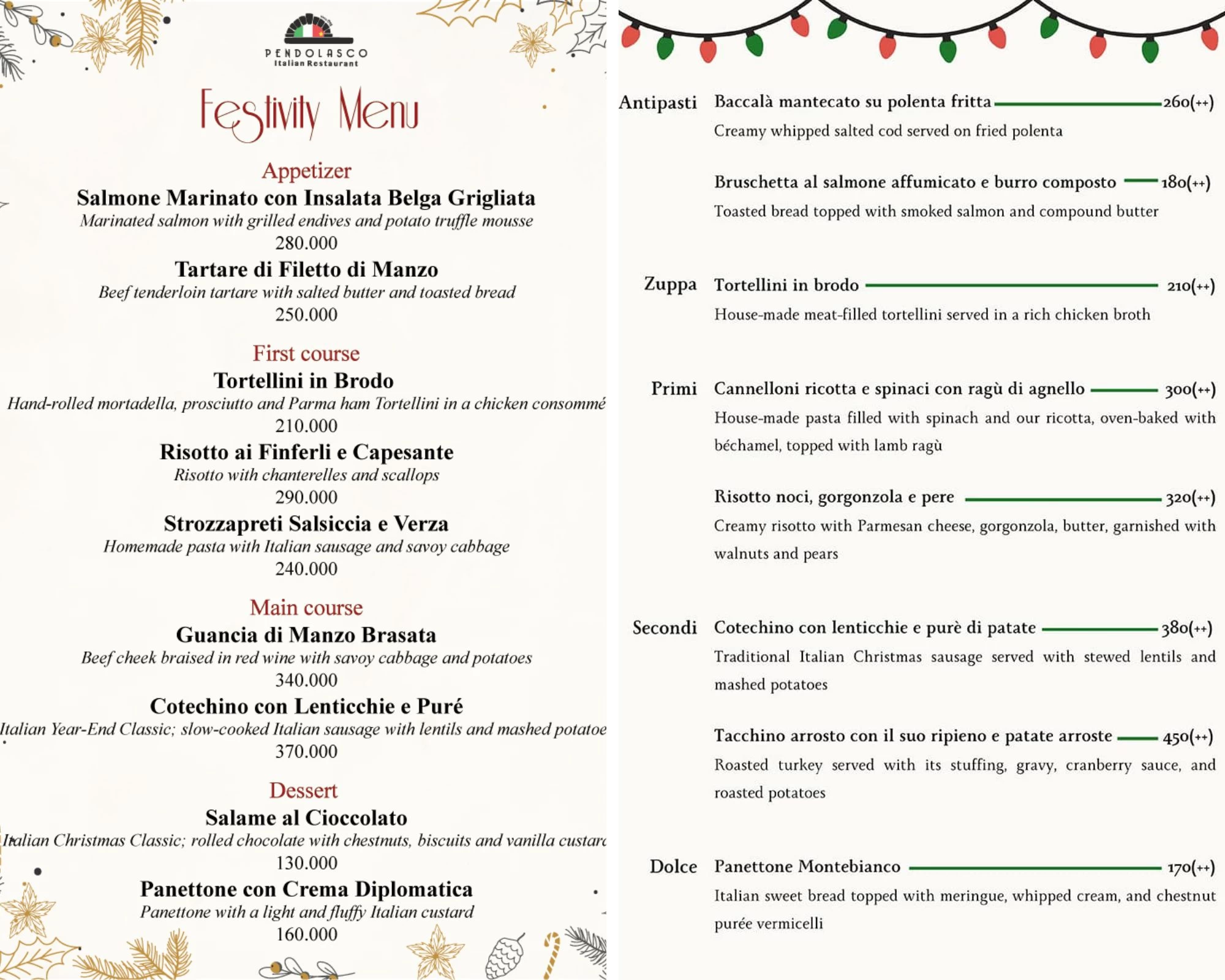 Menu Pendolasco với món ăn Ý chính gốc