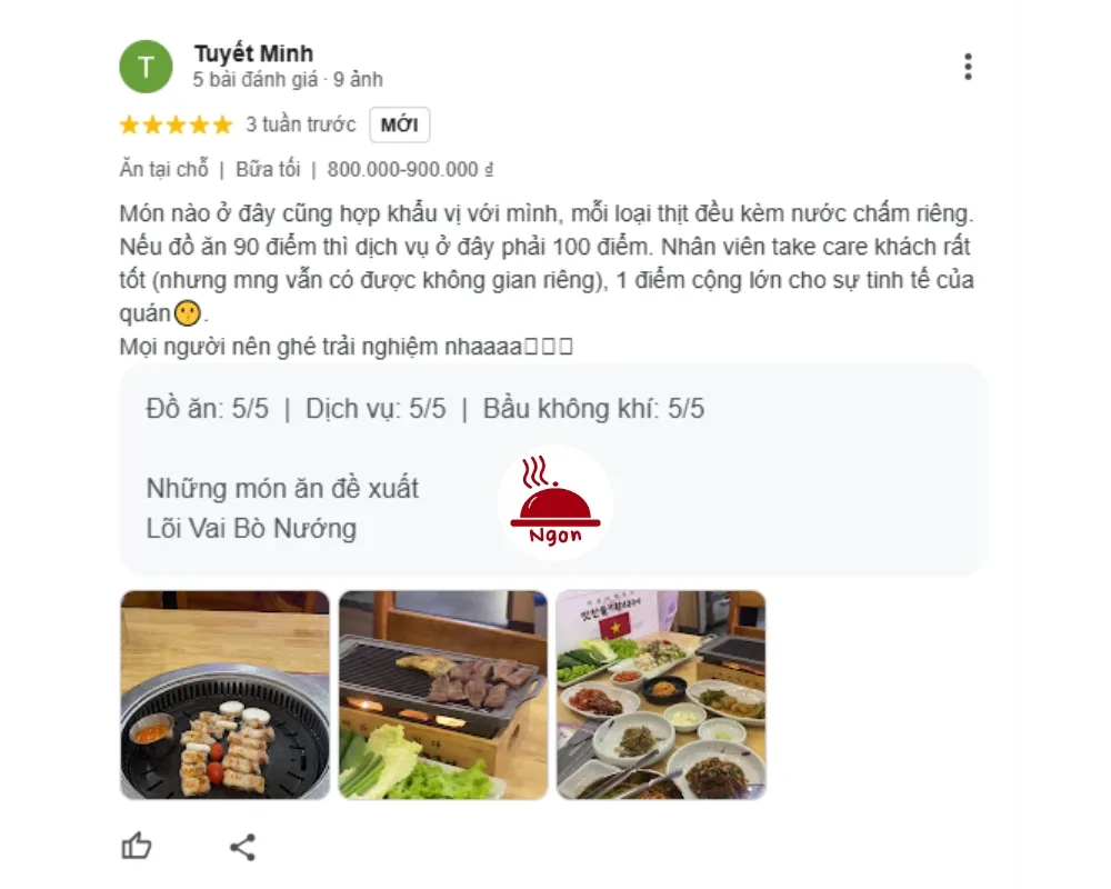 Feedback của bạn Tuyết Minh về nhà hàng Matchandeul BBQ