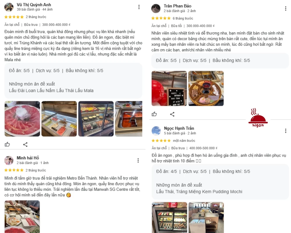 Feedback của bạn Vũ Thị Quỳnh Anh, Minh Hải Hồ, Trân Phan Bảo và Ngọc Hạnh Trần khi ăn tại Manwah