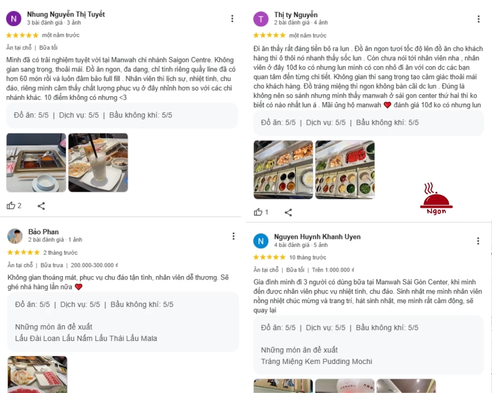 Feedback của bạn Nhung Nguyễn Thị Tuyết, Bảo Phan, Thị Ty Nguyễn và Nguyen Huynh Khanh Uyen khi ăn tại Manwah