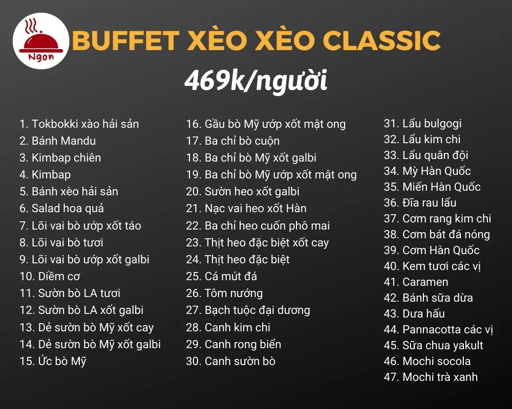 Menu buffet xèo xèo classic của GoGi House