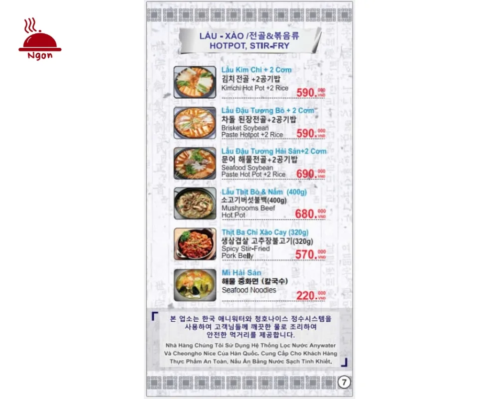 Menu lẩu, thịt xào của nhà hàng Matchandeul