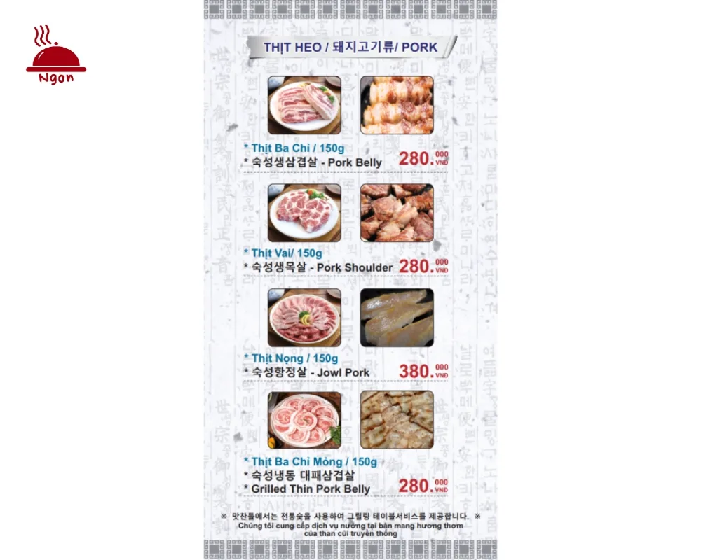 Menu thịt heo của Matchandeul BBQ