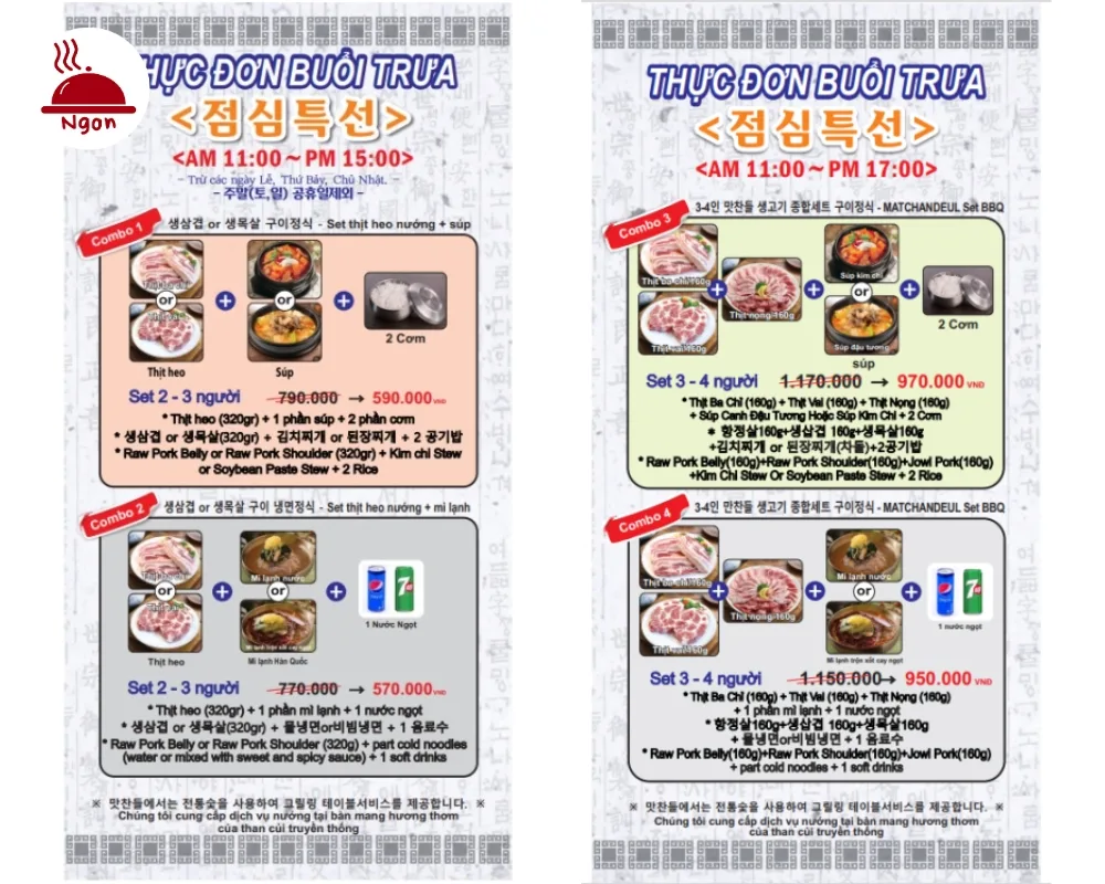Set menu thực đơn buổi trưa gồm combo 1, 2, 3, 4