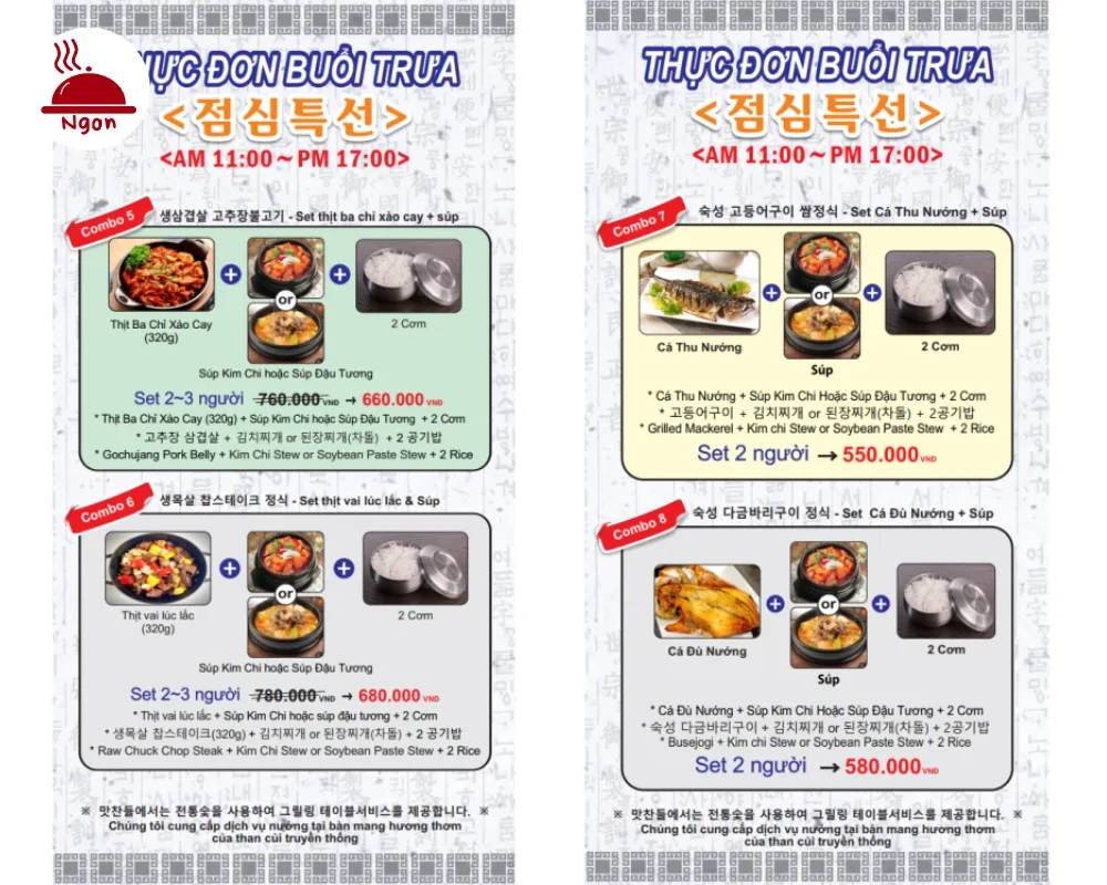 Set menu thực đơn buổi trưa gồm combo 5, 6, 7, 8
