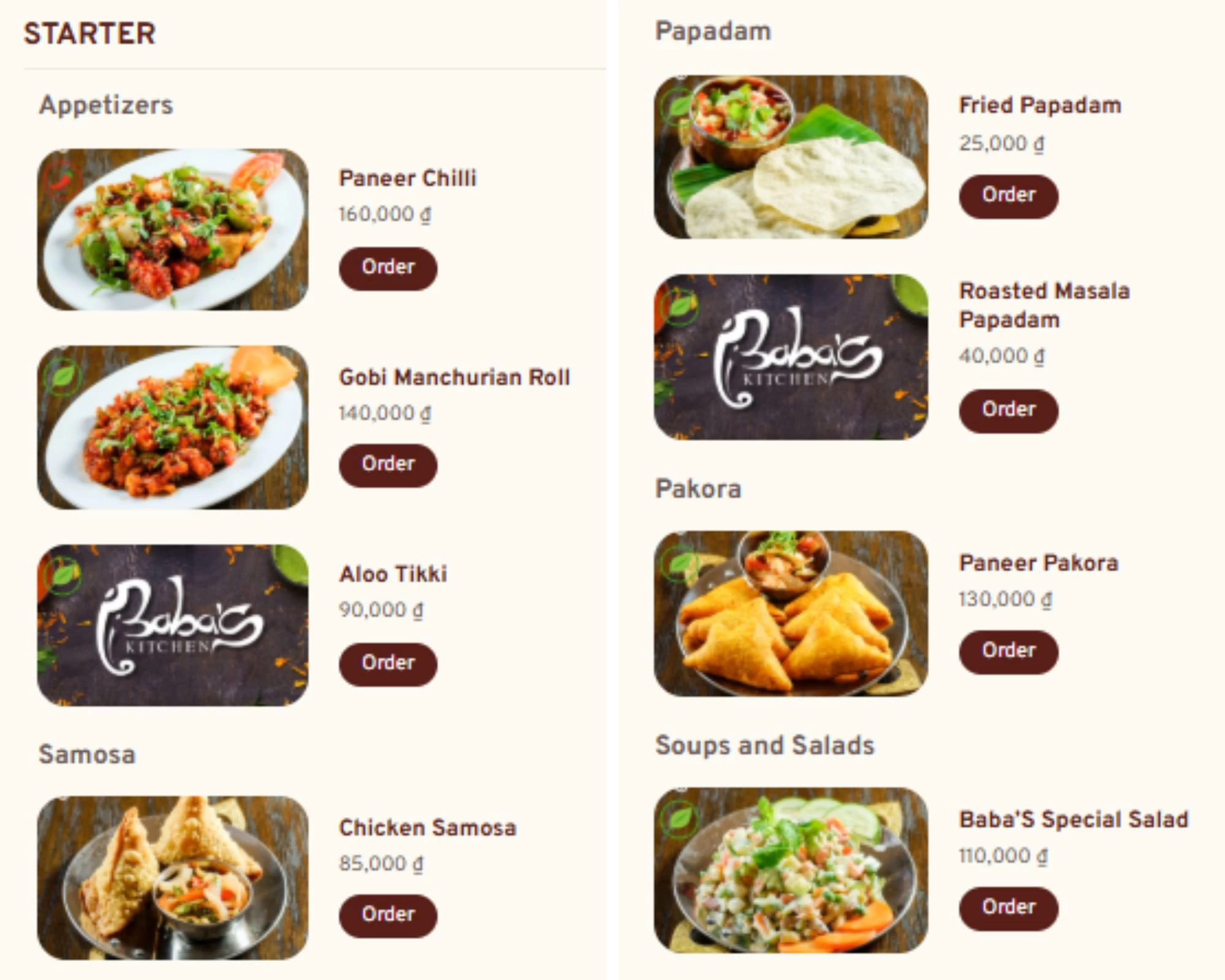 Các món ăn khai vị hấp dẫn như Paneer Chilli, Gobi Manchurian Roll và Chicken Samosa trong thực đơn của Baba's Kitchen