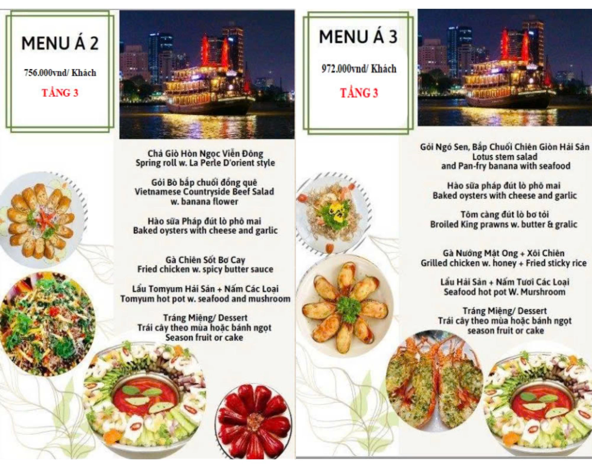 Khám phá thực đơn ẩm thực Việt Nam và quốc tế đặc sắc cho bữa tối trên du thuyền Hòn Ngọc Viễn Đông với hai mức giá và lựa chọn khác nhau