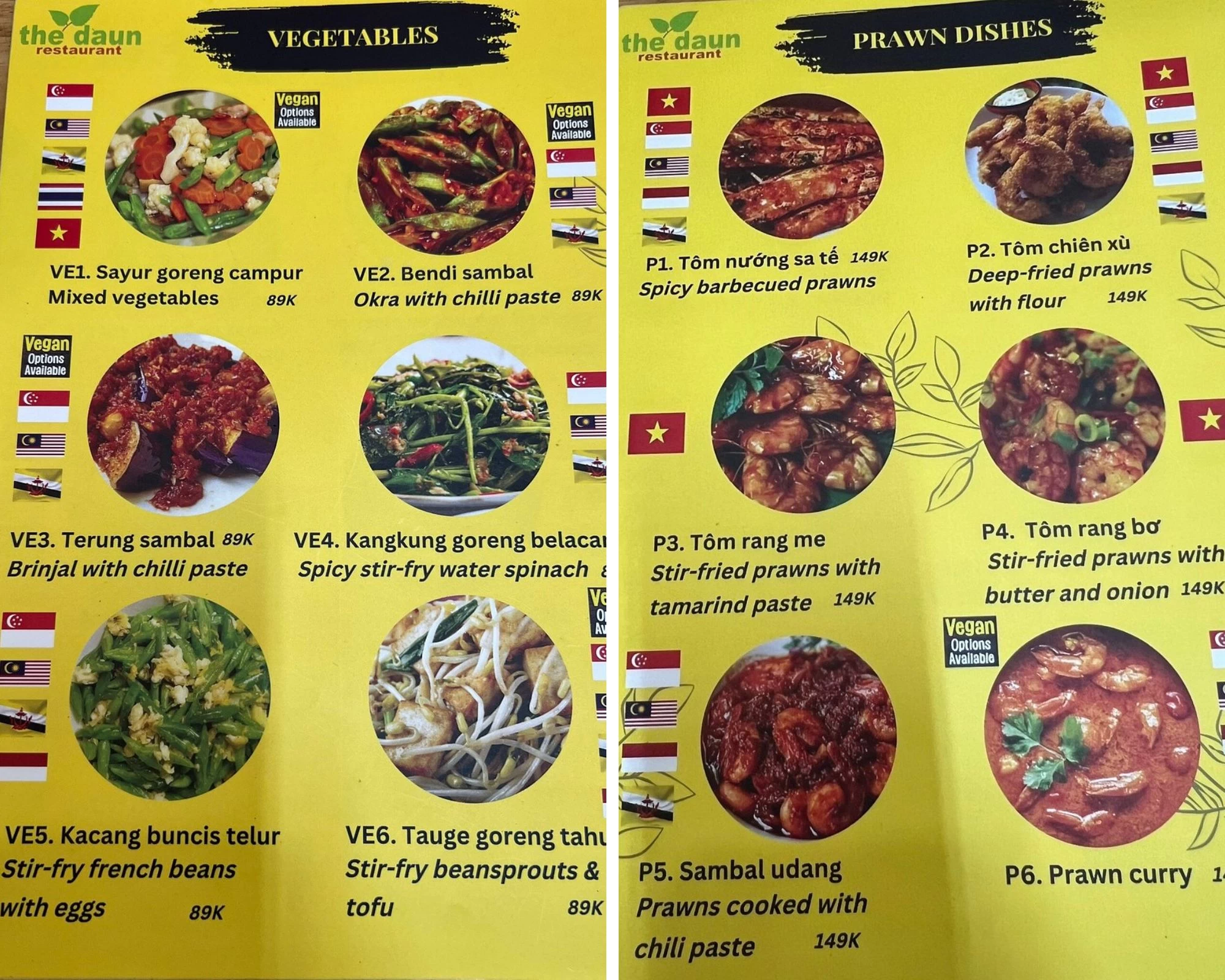 Thực đơn chi tiết các món Sayur goreng campur, Bendi sambal, Terung sambal, Kangkung goreng belacan.