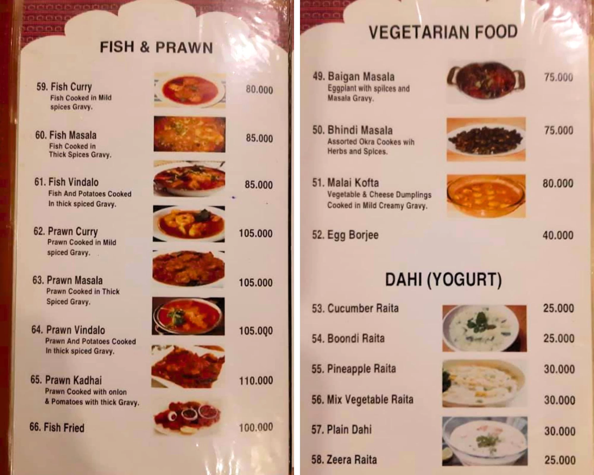 Thực đơn nhà hàng Taj Mahal đa dạng với các món cà ri cá, tôm, rau củ và các loại raita