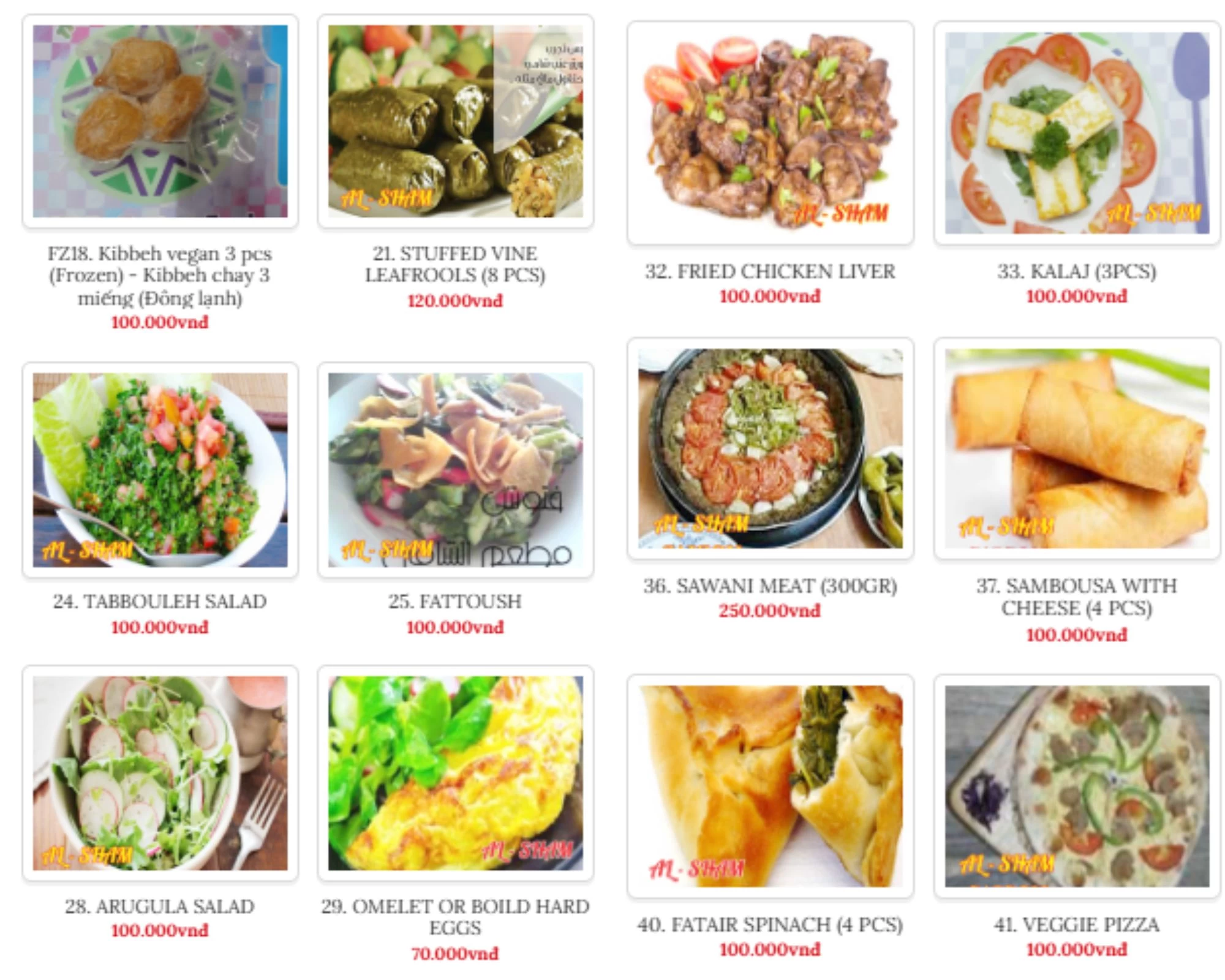 Thực đơn với nhiều lựa chọn món ăn chay (vegan) và các món đặc trưng của ẩm thực Al Sham Saigon
