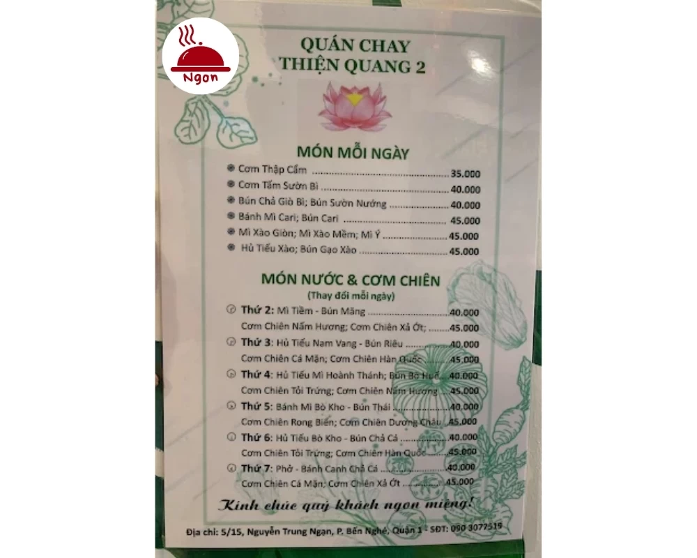 Menu quán chay bình dân quận 1 Thiện Quang 2