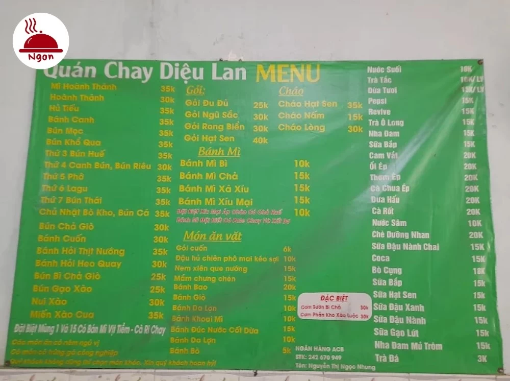 Menu của quán chay quận 10 Diệu Lan