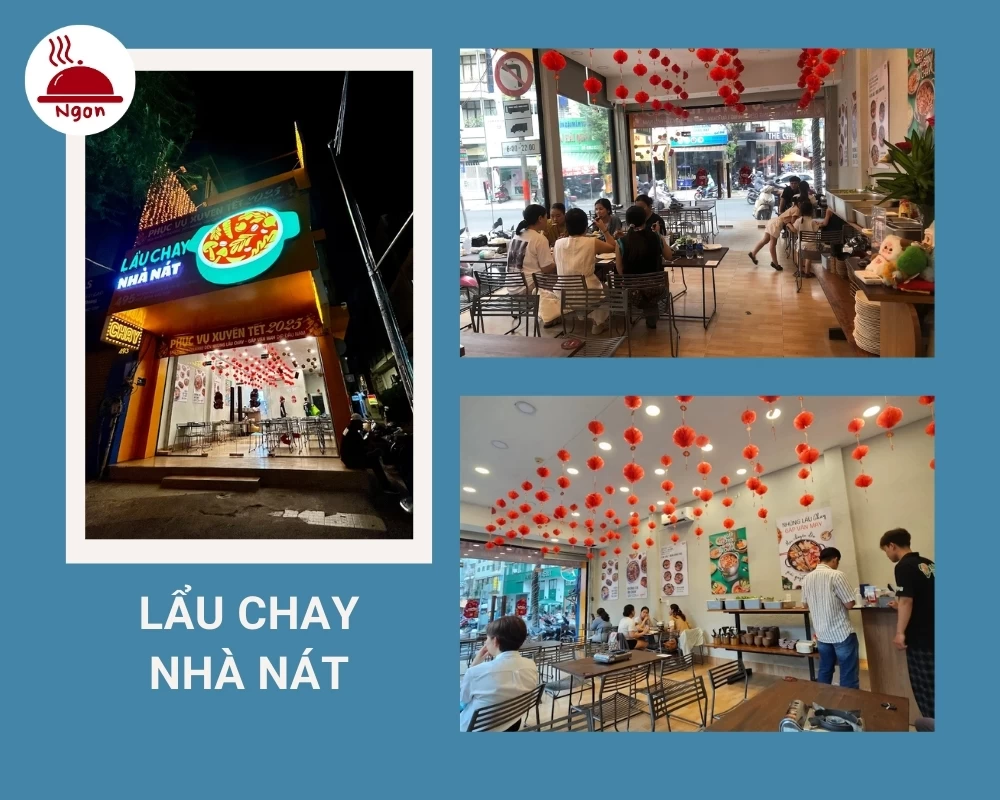 Quán Lẩu Chay Nhà Nát có treo nhiều đèn lồng trang trí