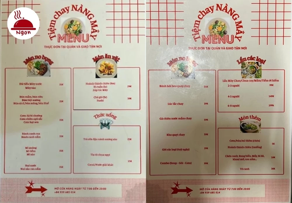 Menu thực đơn của quán chay quận 10 Tiệm chay Nàng Mây
