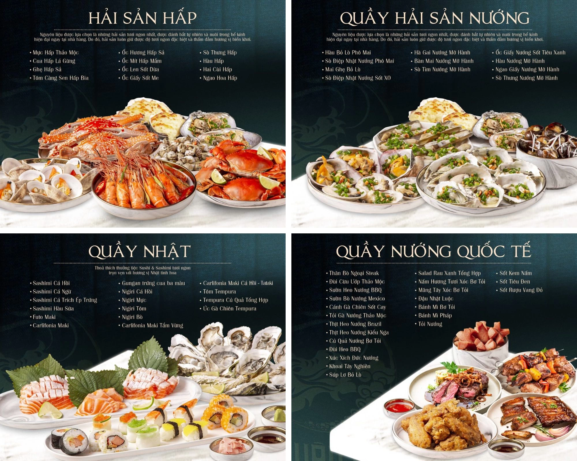 Cận cảnh các món ăn đặc sắc tại Cửu Vân Long - một Quán hải sản Gò Vấp nổi bật với hải sản tươi sống và ẩm thực quốc tế