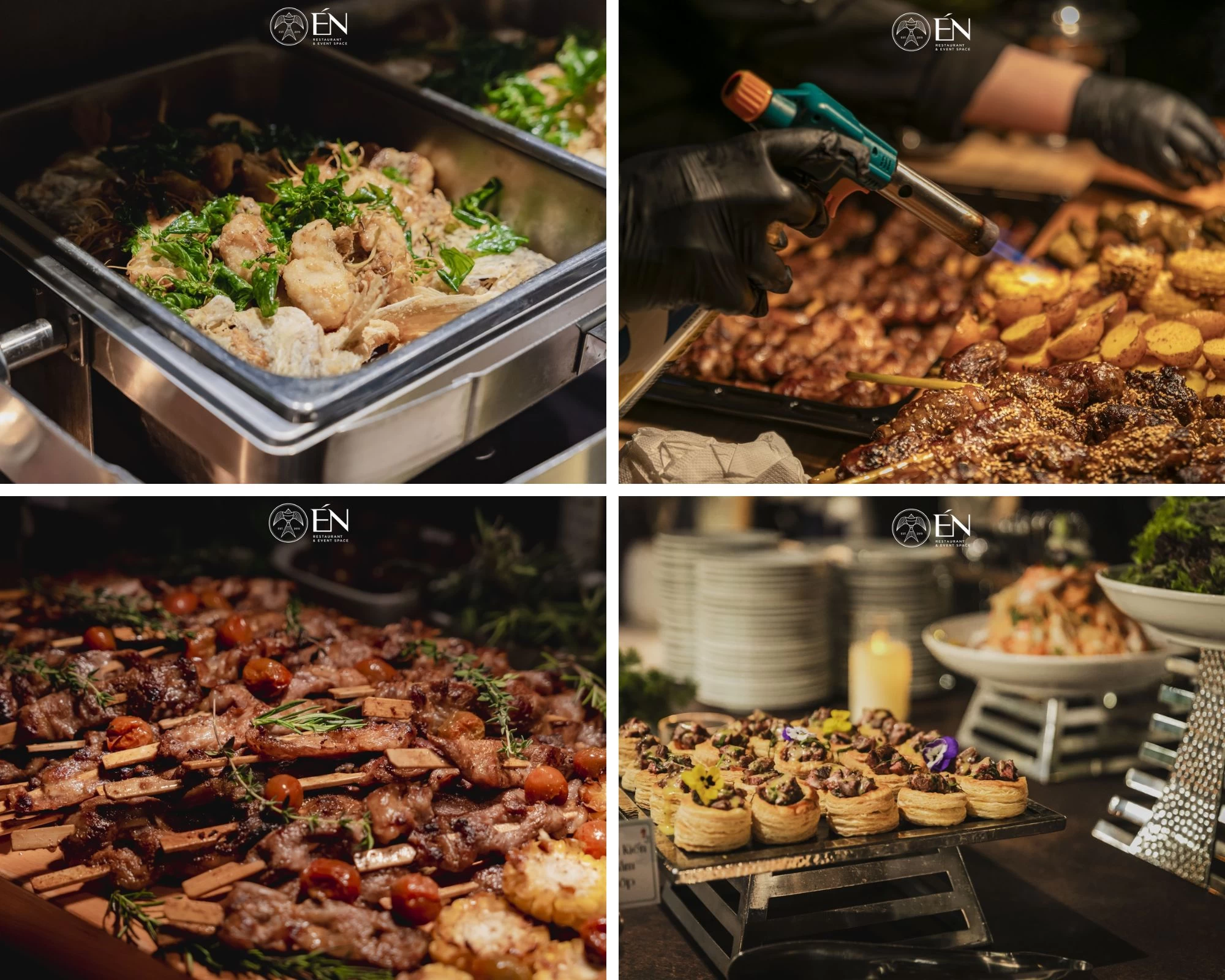 Góc buffet với các món ăn châu Âu được trình bày bắt mắt tại Én Restaurant & Event Space, sẵn sàng phục vụ tiệc cưới