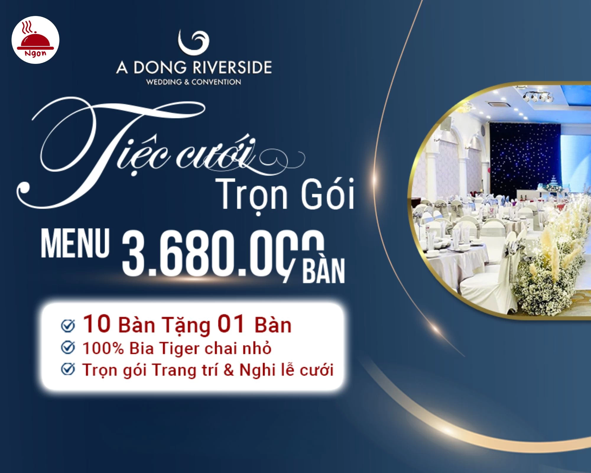 Gói tiệc cưới tại Á Đông Riverside, bao gồm hình ảnh sảnh tiệc sang trọng, giá cả và các khuyến mãi đi kèm