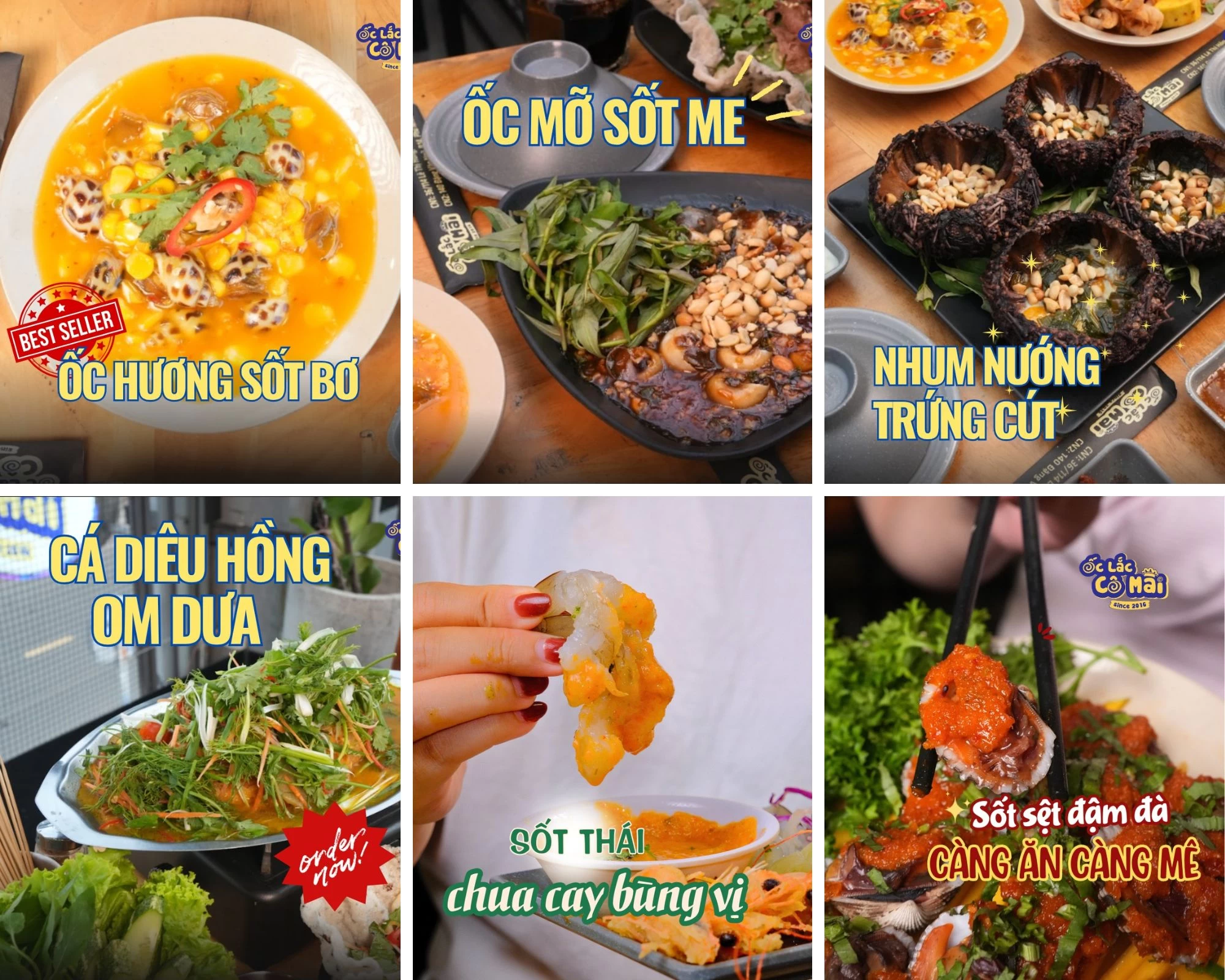 Hình ảnh các món ăn hấp dẫn của Quán hải sản Gò Vấp Ốc Lắc Cô Mai, bao gồm các loại ốc, cá và nước chấm đặc trưng.