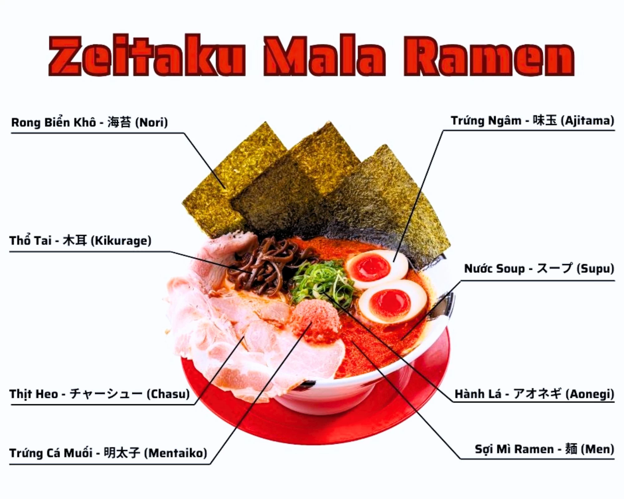 Hướng dẫn thành phần của món ramen cay hấp dẫn, điển hình cho chất lượng ramen tại Tonkotsu Ramen Ichibanken ở Quận 2