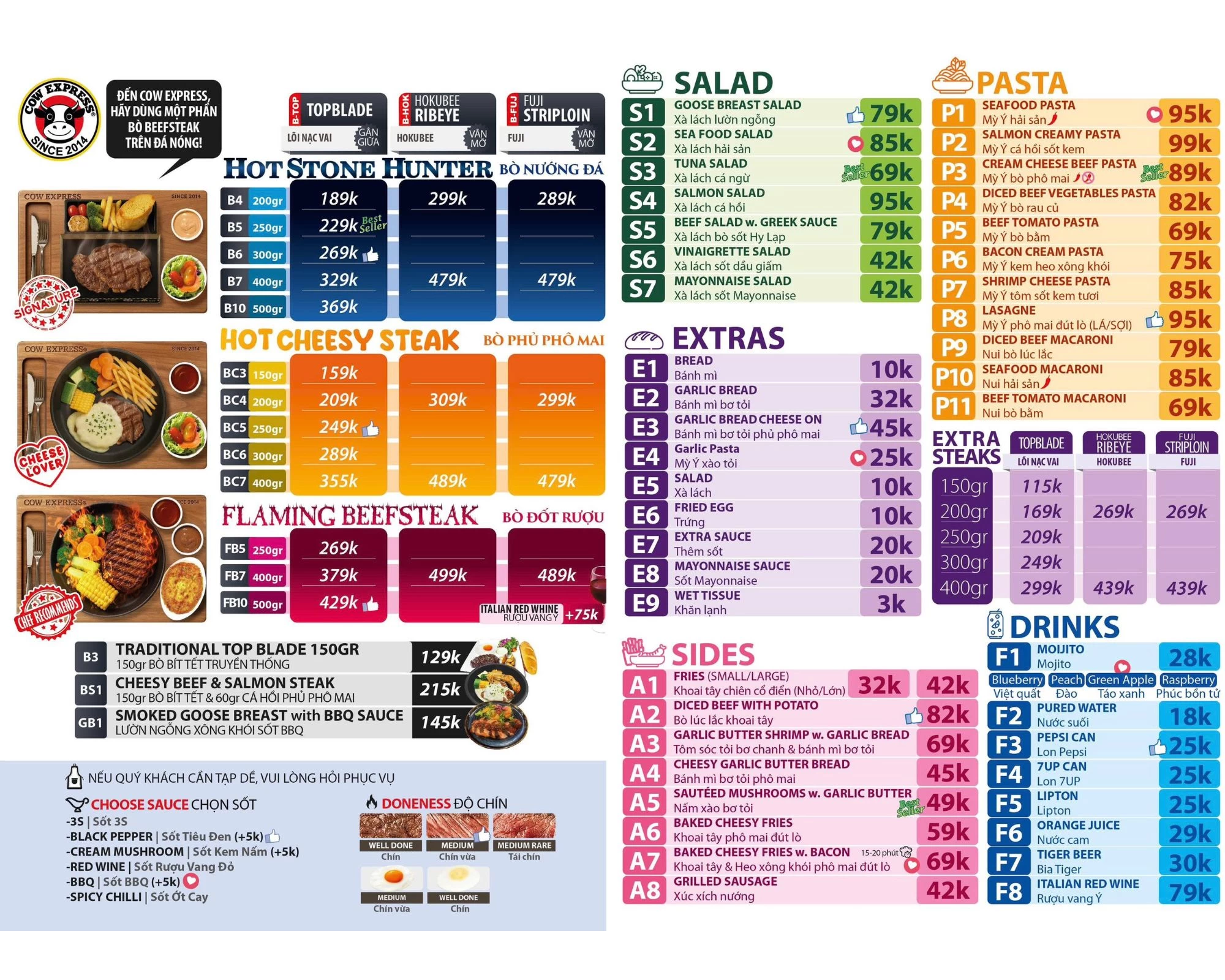 Không chỉ beefsteak, Cow Express còn có salad tươi, pasta hấp dẫn và nhiều món ăn kèm độc đáo
