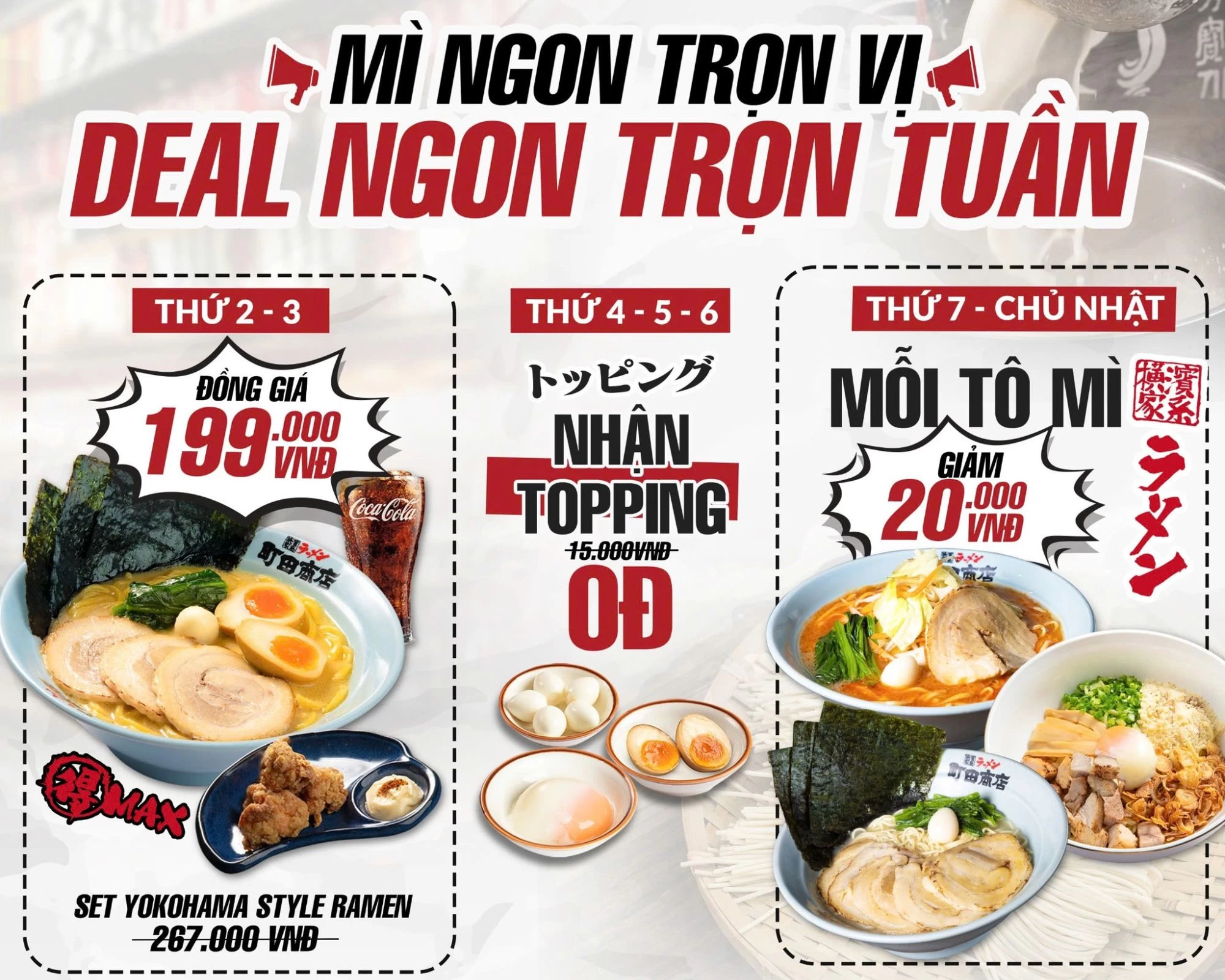Menu khuyến mãi hàng tuần tại Machida Shoten Japanese Ramen, mang đến ưu đãi hấp dẫn cho Ramen quận 2