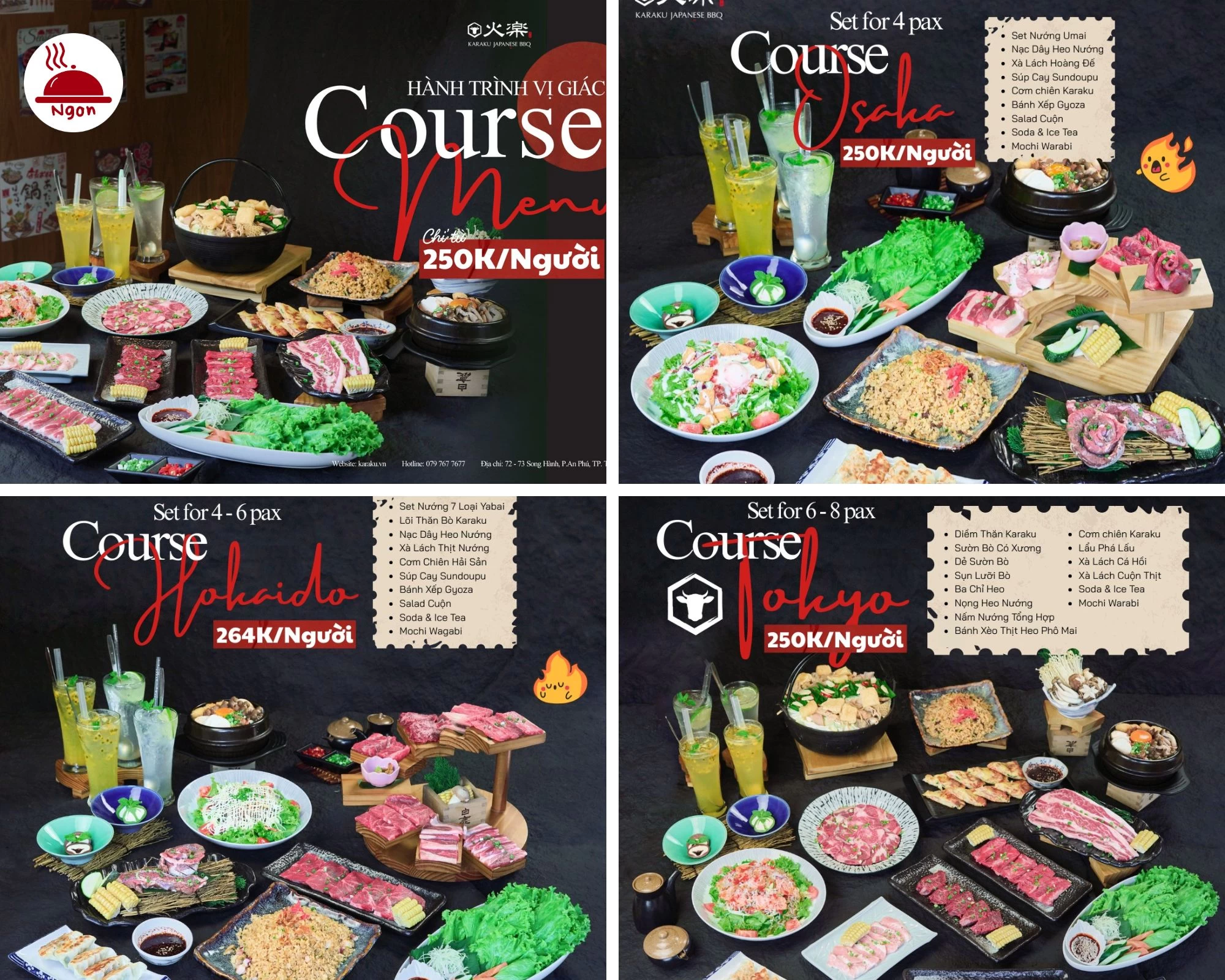 Tổng hợp các set Course Osaka, Hokkaido, Tokyo và Hành Trình Vị Giác tại Karaku Japanese BBQ