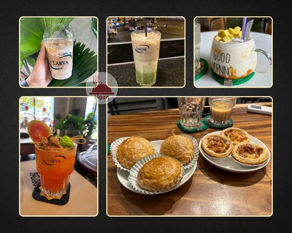 Một số món nước và bánh của quán Larva Coffee