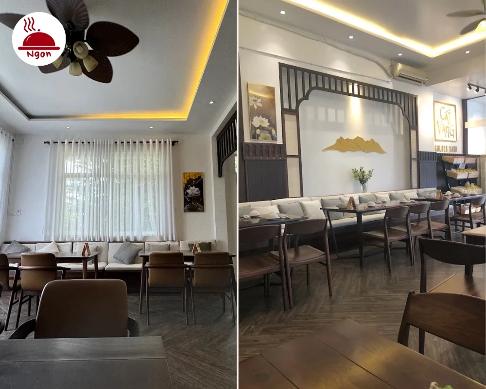 Không gian nhà hàng chay Cát Vàng được thiết kế với tông màu chủ đạo là trắng và nâu gỗ