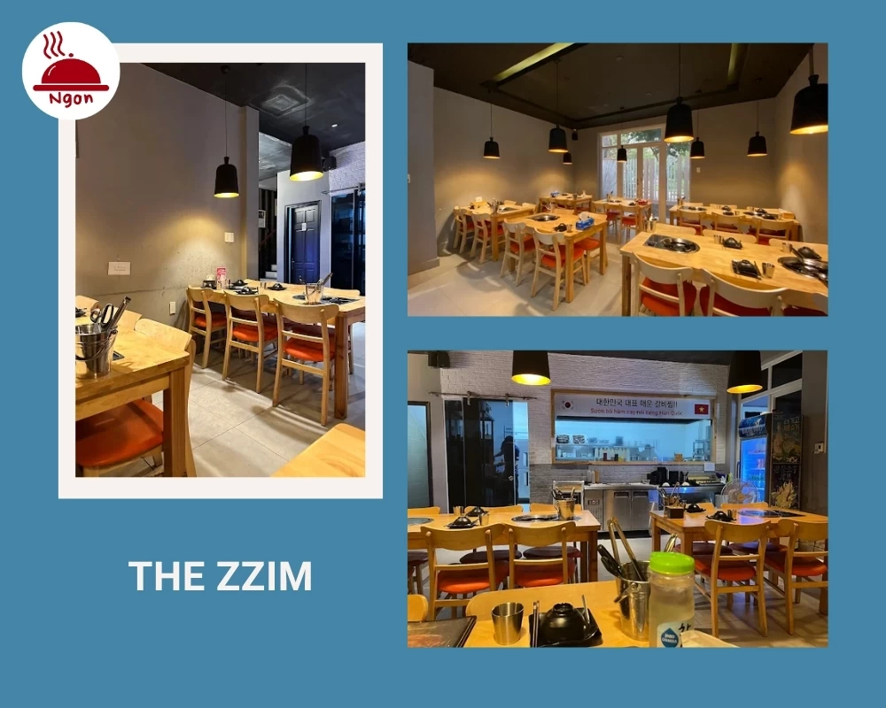 Nhà hàng THE ZZIM sử dụng bàn ghế gỗ kết hợp với ánh đèn vàng ấm, tạo cảm giác gần gũi, ấm cúng