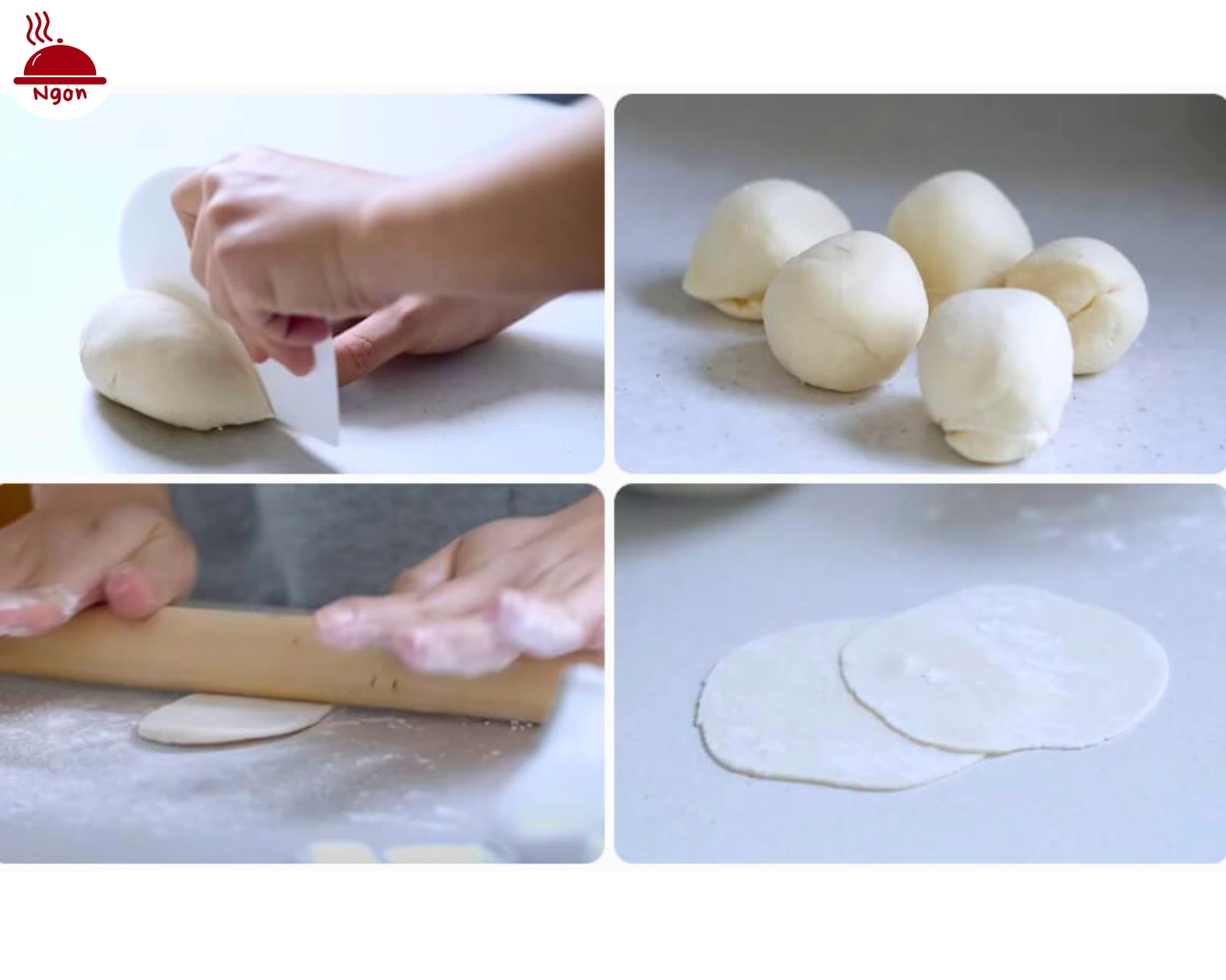 Các công đoạn chuẩn bị vỏ bánh cho món bánh mandu chiên tại nhà, đảm bảo vỏ bánh mỏng và dai