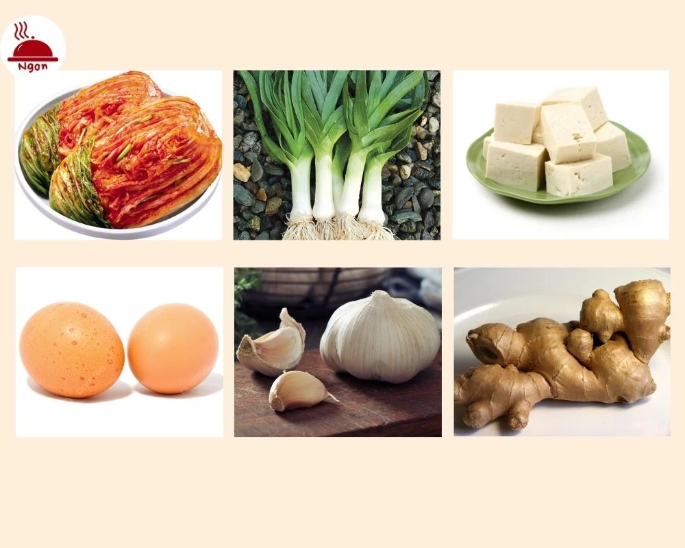 Nguyên liệu làm canh kim chi đậu hũ non, trứng và nấm kim chi
