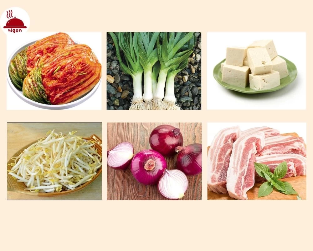 Nguyên liệu làm kim chi đậu hũ non, thịt heo và giá đỗ