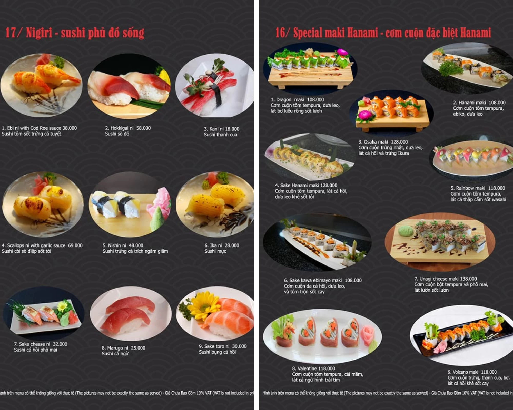 Thực đơn phong phú với sushi phổ biến và cơm cuộn đặc biệt tại Hanami