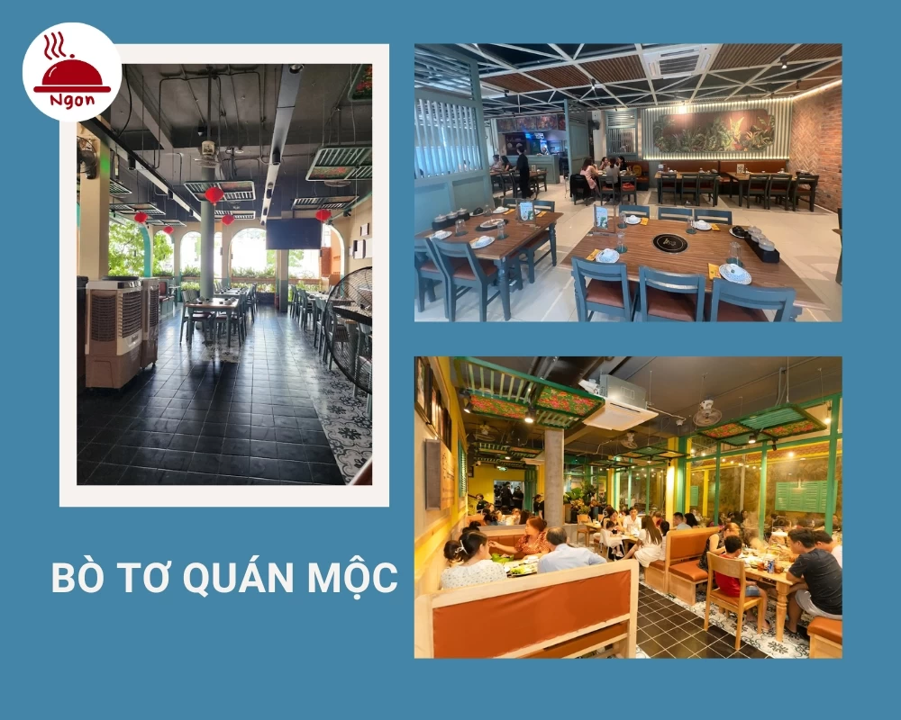 Bò Tơ Quán Mộc có không gian được thiết kế theo kiểu hiện đại pha trộn với nét truyền thống