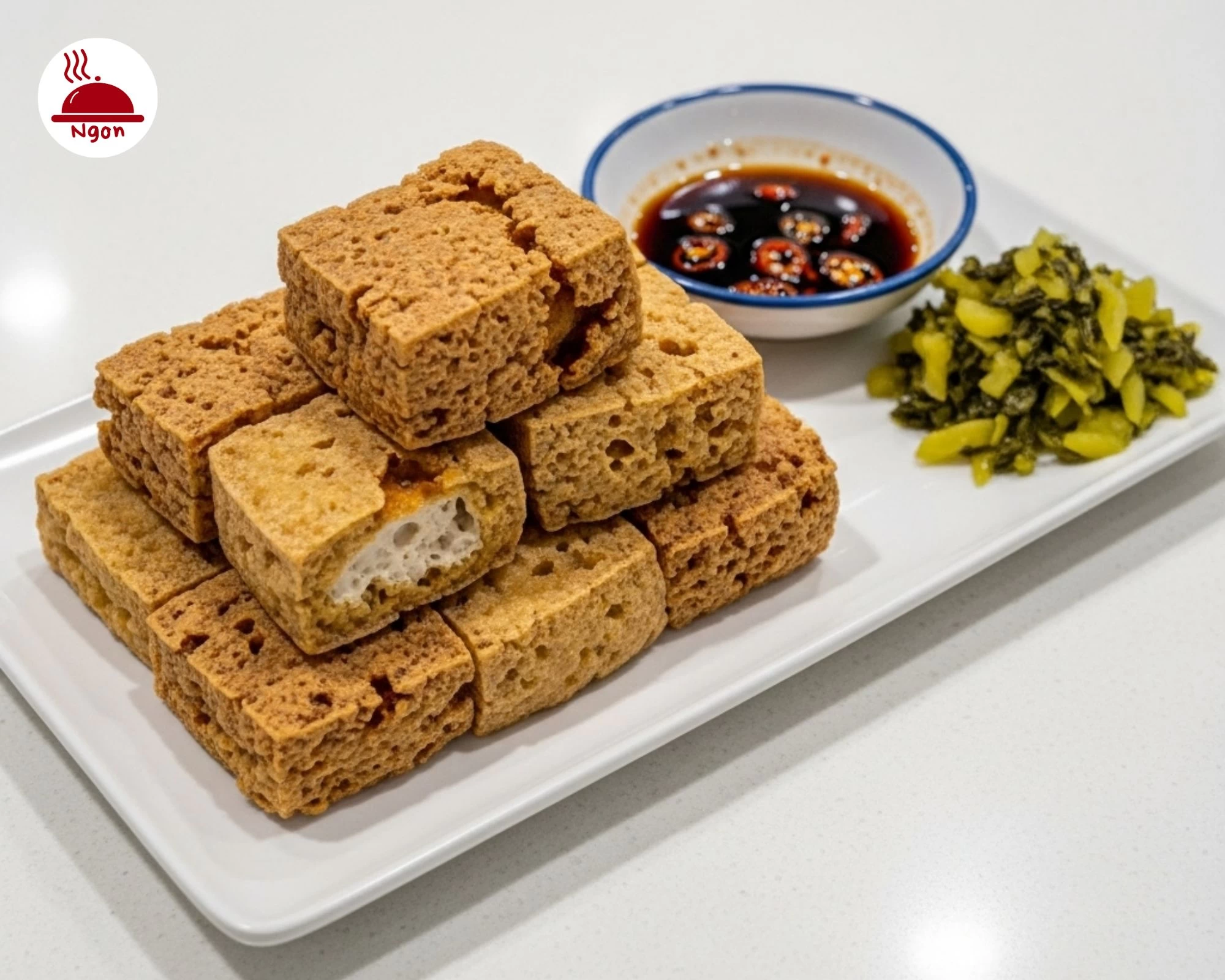 Đậu phụ thối chiên giòn ăn kèm nước chấm và dưa muối
