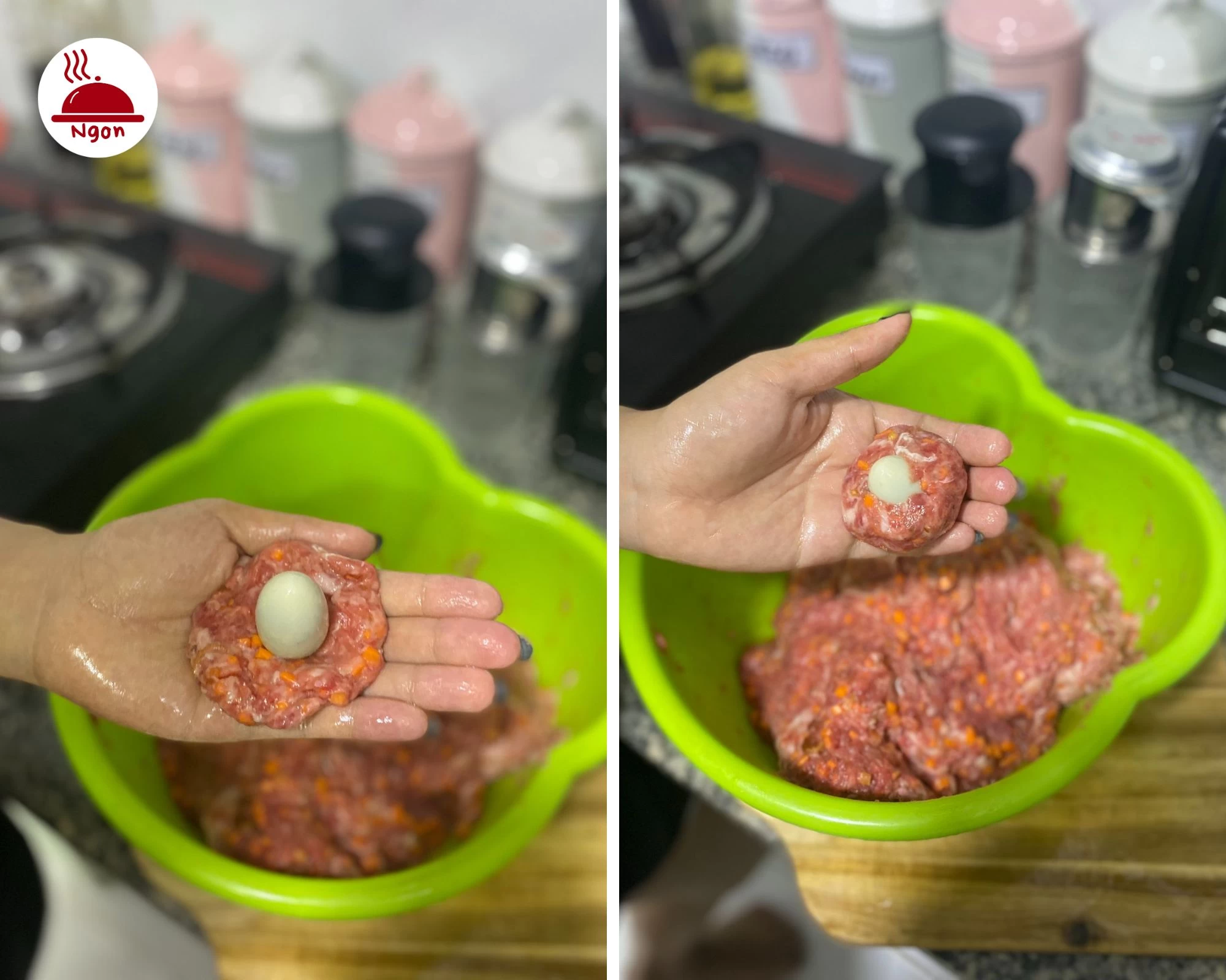 Nắn thịt bọc trứng cút để làm món xíu mại trứng cút với giò sống