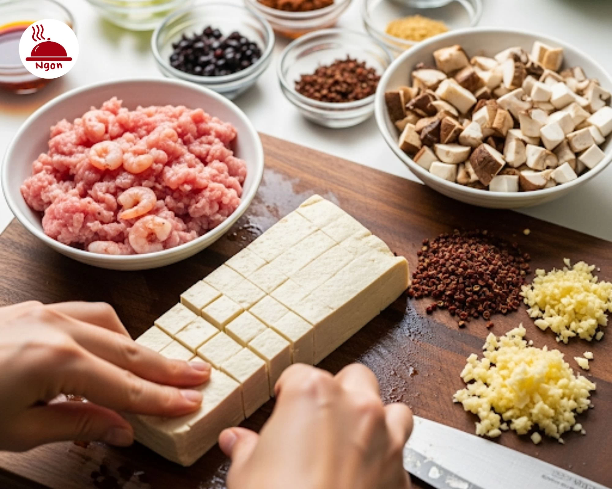 Sơ chế và bày biện các nguyên liệu để chuẩn bị cho cách làm món đậu hũ Tứ Xuyên
