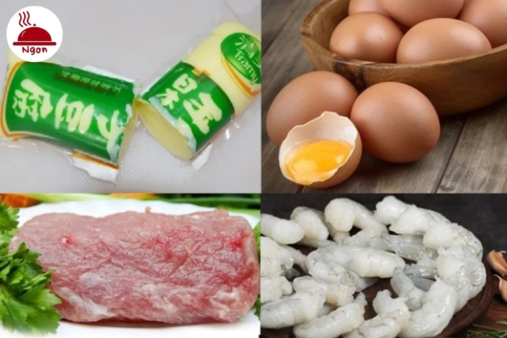 Nguyên liệu làm món trứng hấp đậu hũ non với tôm thịt