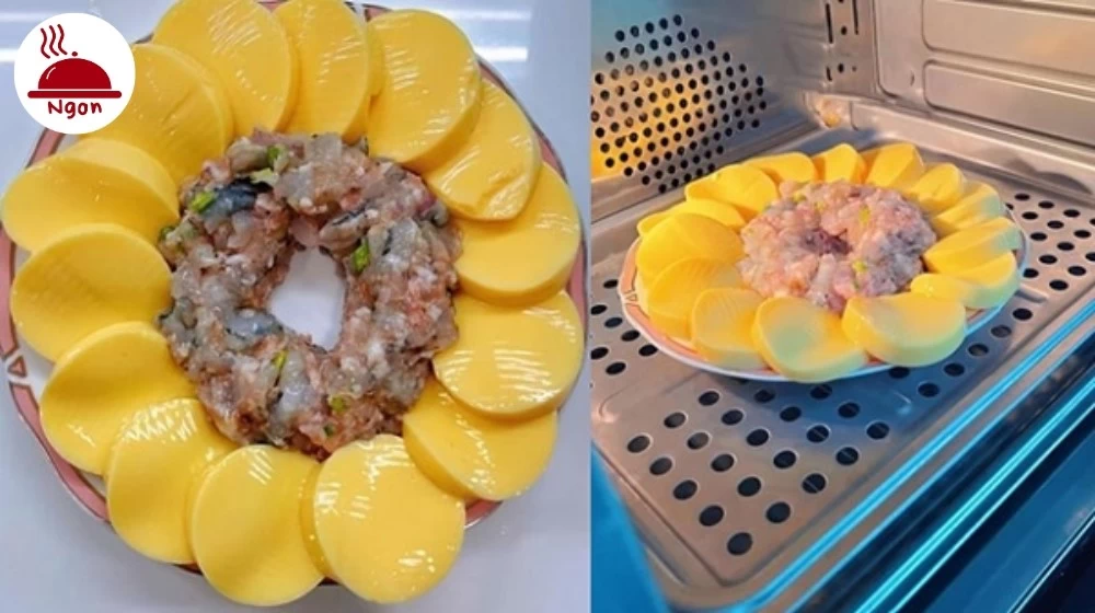 Xếp đậu hũ non, nhân tôm thịt và trứng vào đĩa để hấp chín