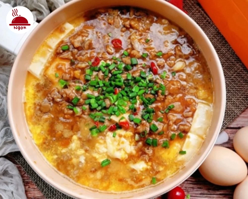 Thành phẩm món trứng hấp đậu hũ non với thịt bằm
