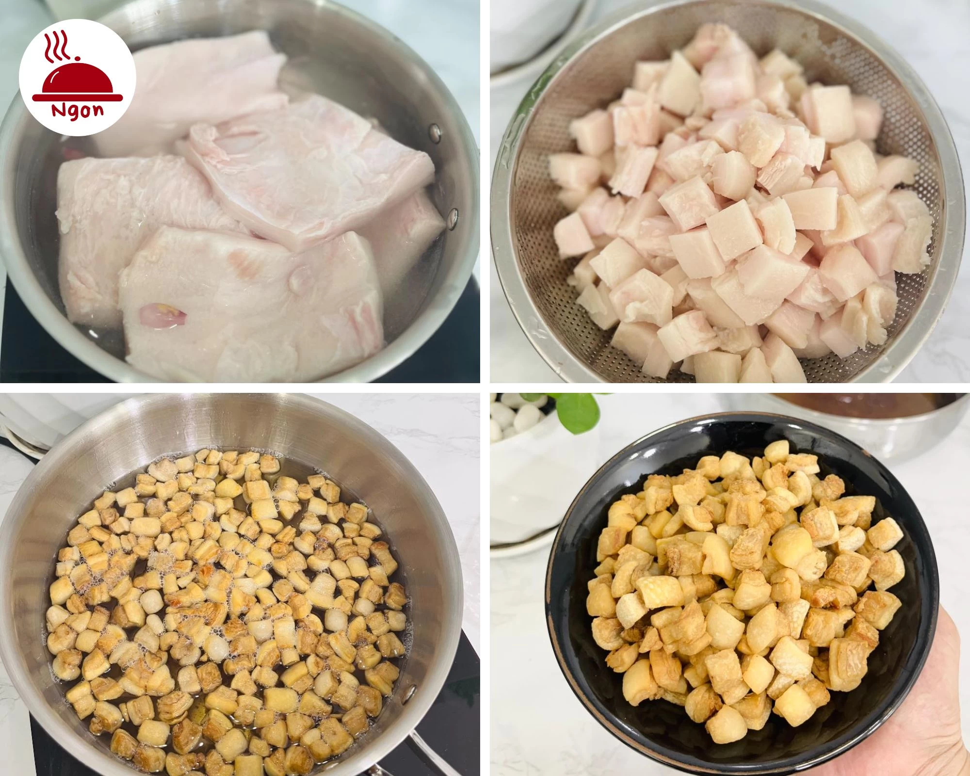 Quy trình thắng tóp mỡ giòn rụm, một thành phần không thể thiếu trong món Phở Khô 2 tô