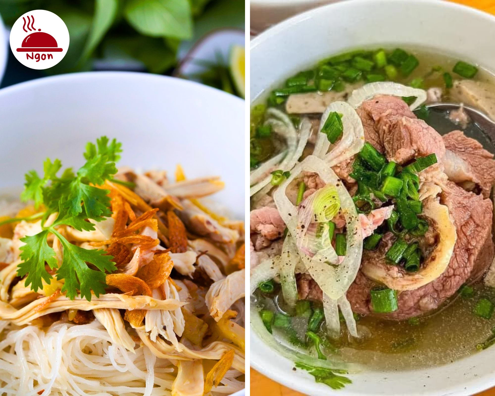 Tô Phở Khô Gia Lai gồm tô mì khô trộn với thịt và tô nước dùng nóng hổi ăn kèm