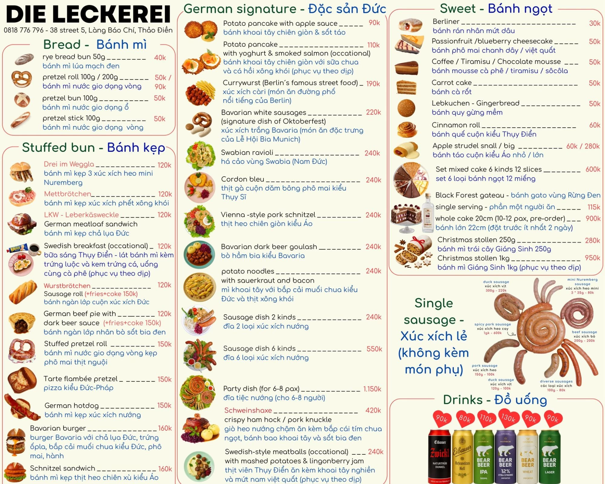 Menu chi tiết các món ăn và bánh ngọt truyền thống Đức tại Die Leckerei Thủ Đức
