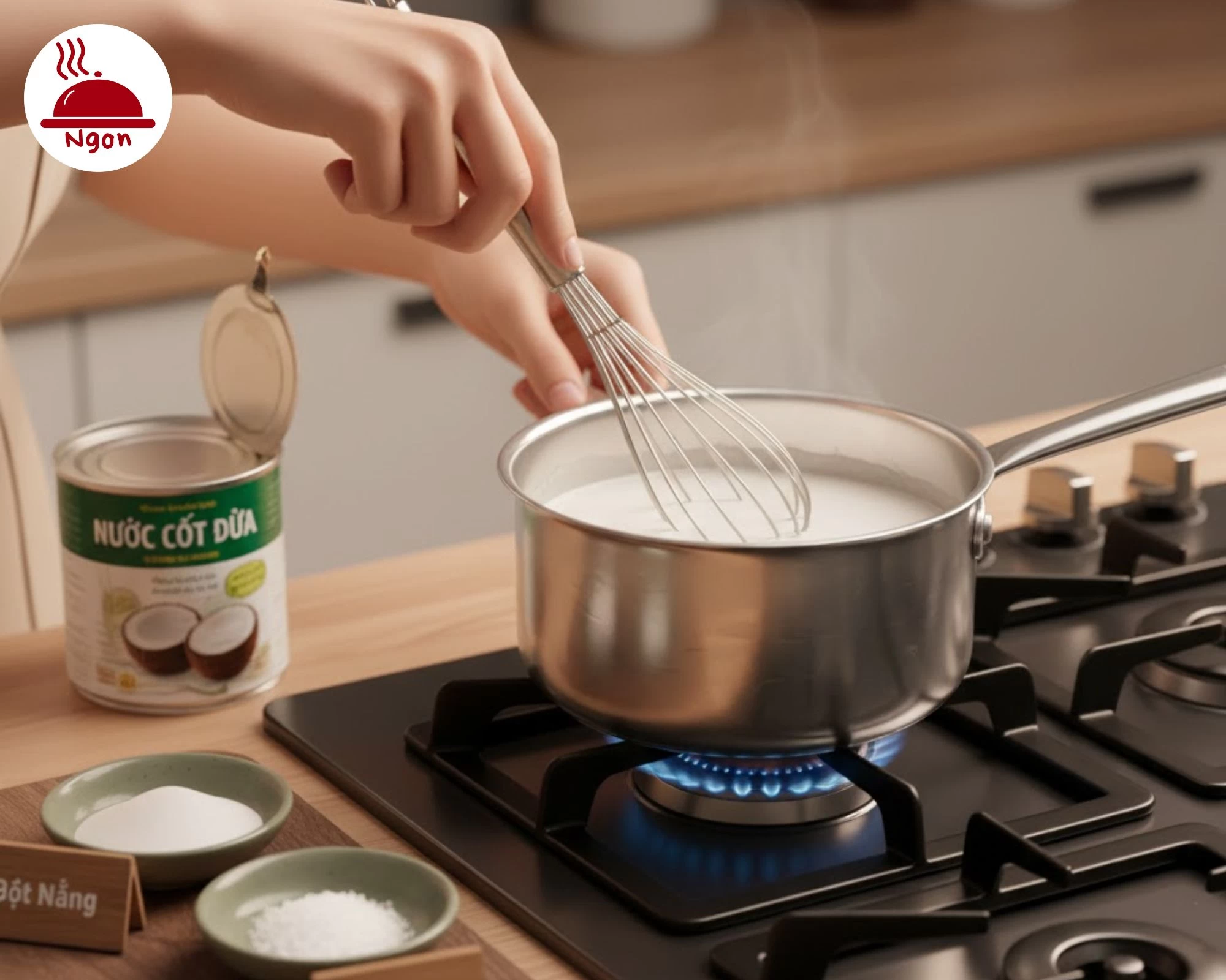 Nấu nước cốt dừa với bột năng và muối trên bếp, khuấy đều để làm sốt chấm kèm cho cách làm bánh khọt