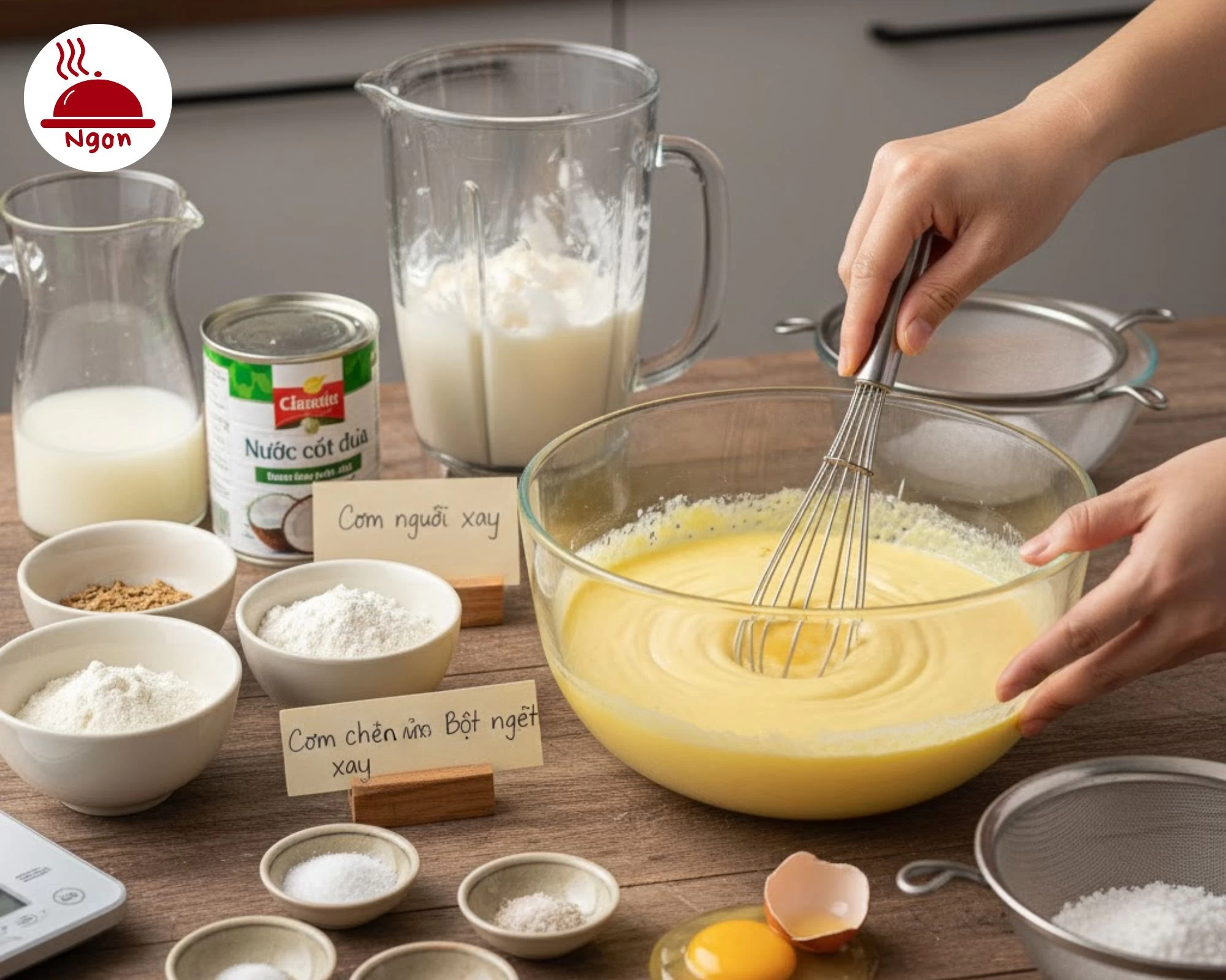Pha bột bánh khọt với bí quyết cơm nguội xay và nước cốt dừa, các nguyên liệu như trứng gà, muối, đường được sắp xếp trên bàn