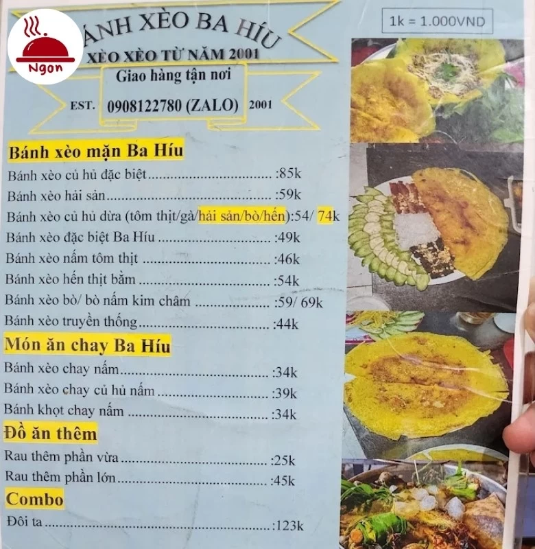Menu quán Bánh Xèo Ba Híu