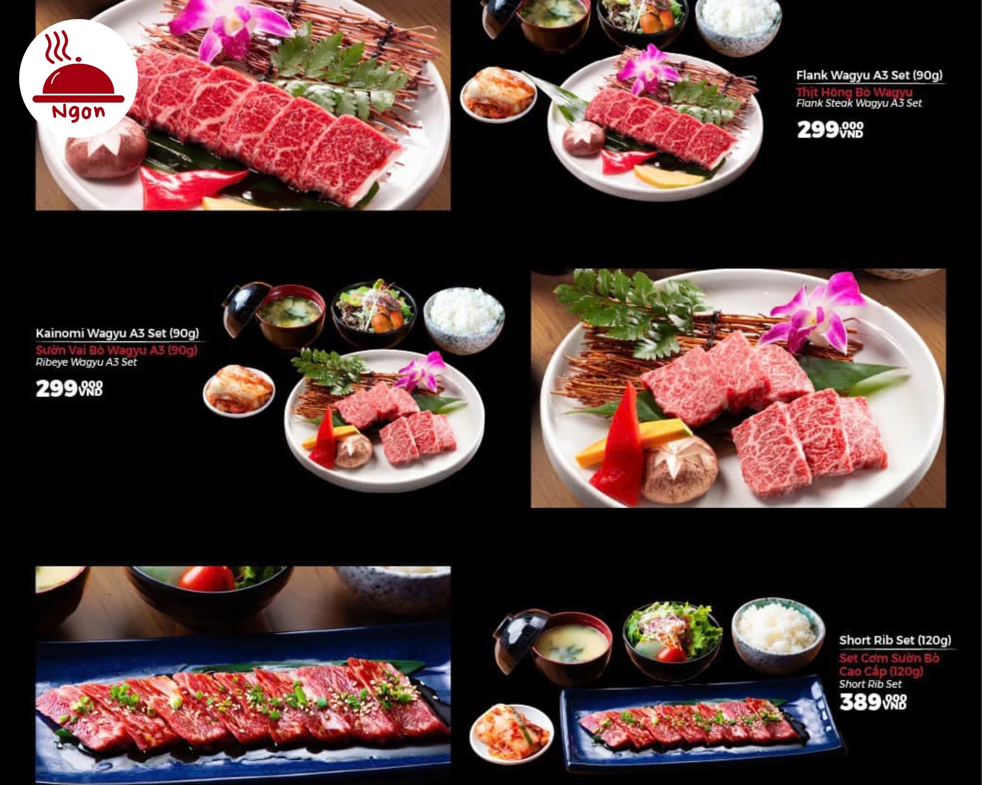Các phần cắt bò Wagyu tuyển chọn trong thực đơn Kohaku Sashimi & Yakiniku